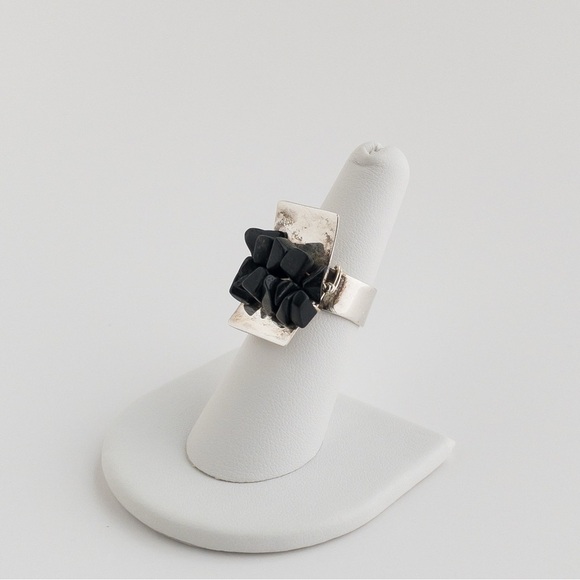 Vintage Modernist Sterling Silver Black Onyx Stone Chip Ring Handmade 925 Size 6 - Picture 2 of 10